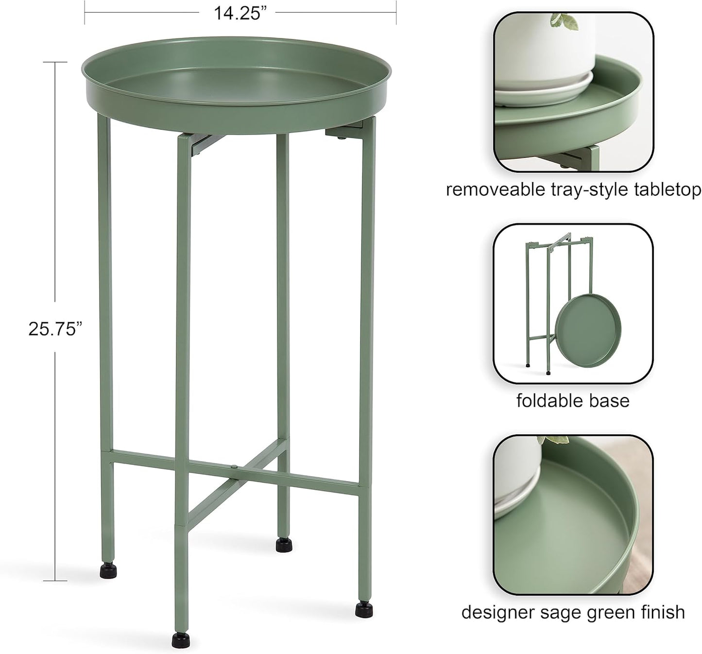 Kate and Laurel Celia Round Metal Foldable Accent Table; 15 x 26; Green; Transitional Small Side Table with a Removable Magnetic Tray Tabletop and Space-Saving Folding Base