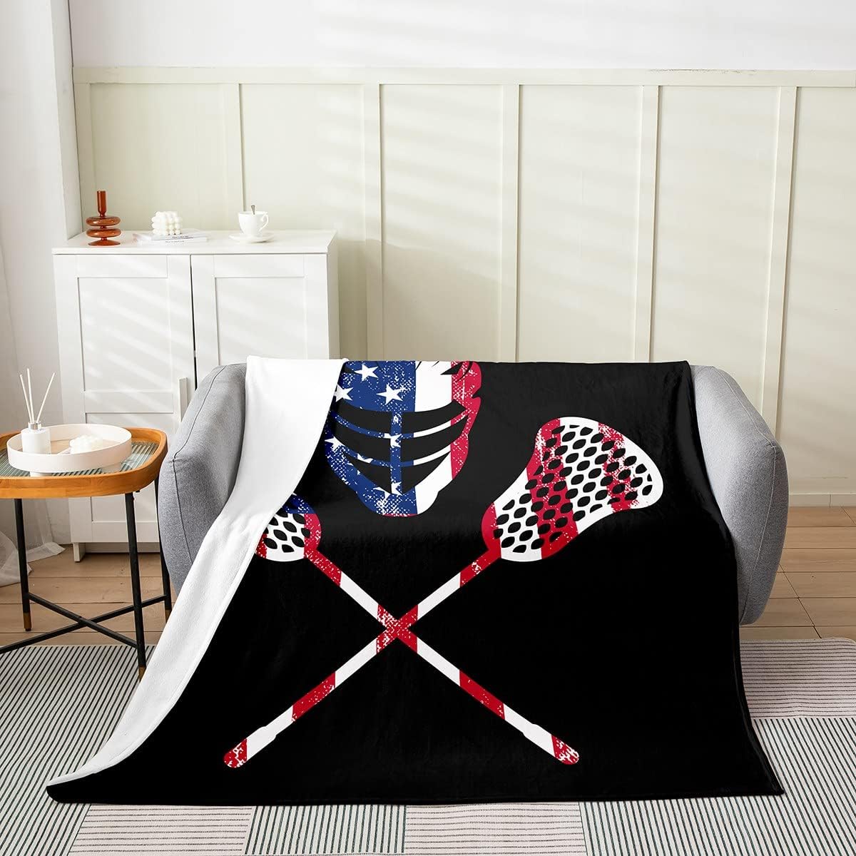 Lacrosse Throw Blanket for Girls Boys Kids Grunge Lacrosse Player Fleece Blanket Throw 50x60,Sports Theme Fuzzy Blanket,Gift for Lacrosse Lover,American Flag Flannel Blanket Living Room Decor
