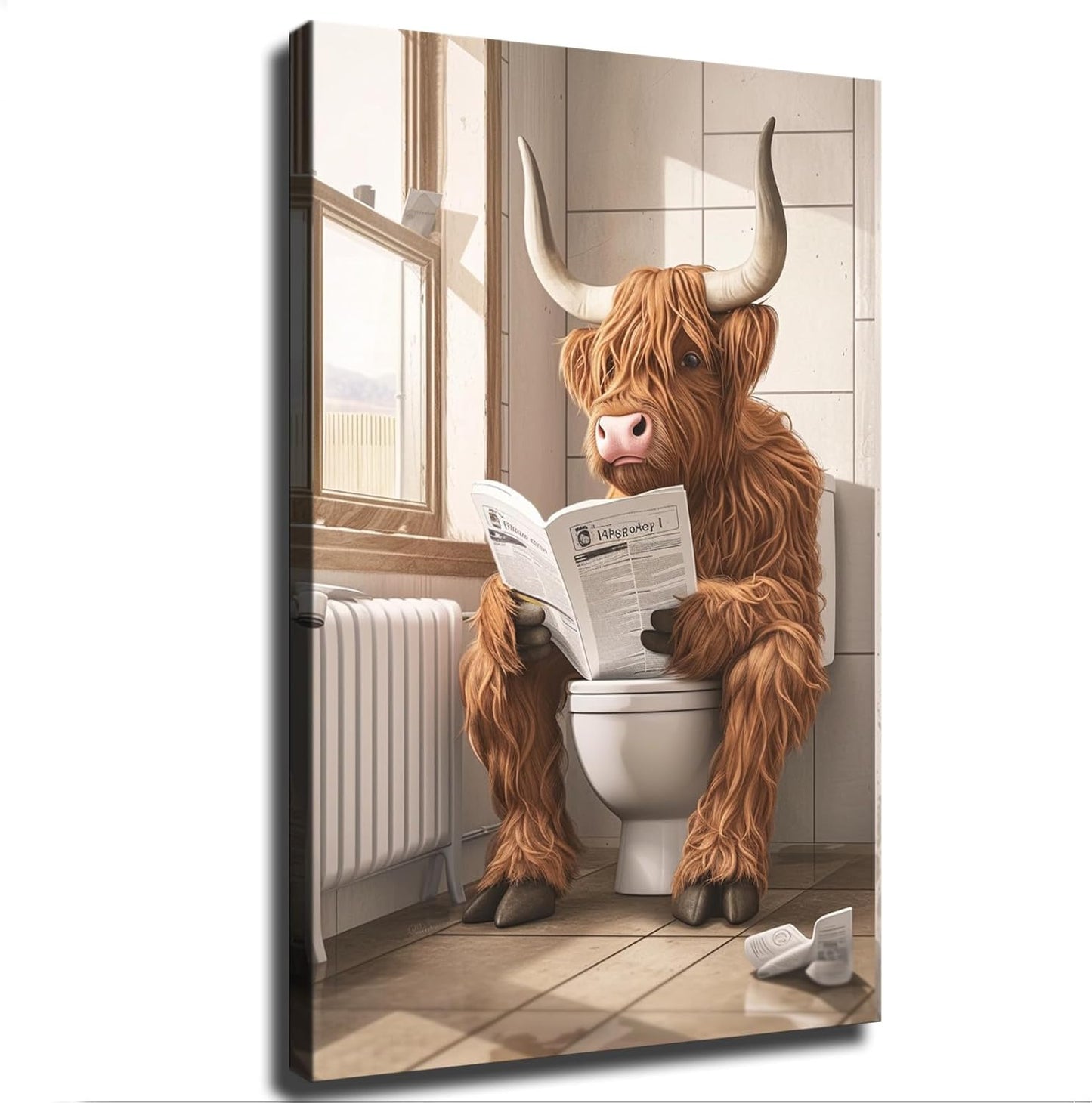 chenmjj Highland Cattle Sitting on Toilet and Reading Newspaper Print Poster Picture HD Print Poster Retro Painted Modern Home Bedroom Room Aesthetic Decoration Canvas Art (16x24inch Framed)