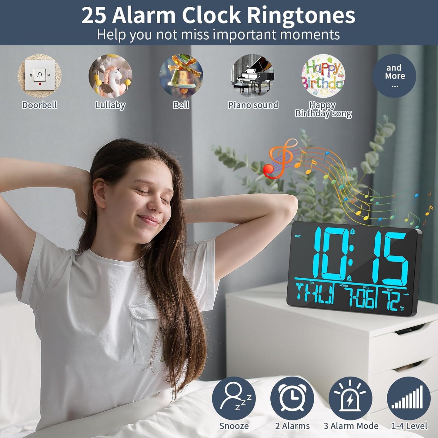13" Digital Wall Clock Large Display with Remote, 25 Ringtones, Temperature, Calendar, 0-100% Auto or Custom Brightness, 12/24H, DST, Timer, for Living Room, Kitchen, Bedroom, Elderly（Blue）