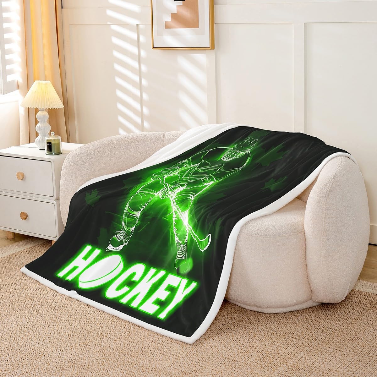 Ice Hockey Pucks Sports Blanket, 50"x60", Sherpa, Glowing Glitter Lighting, Green Black