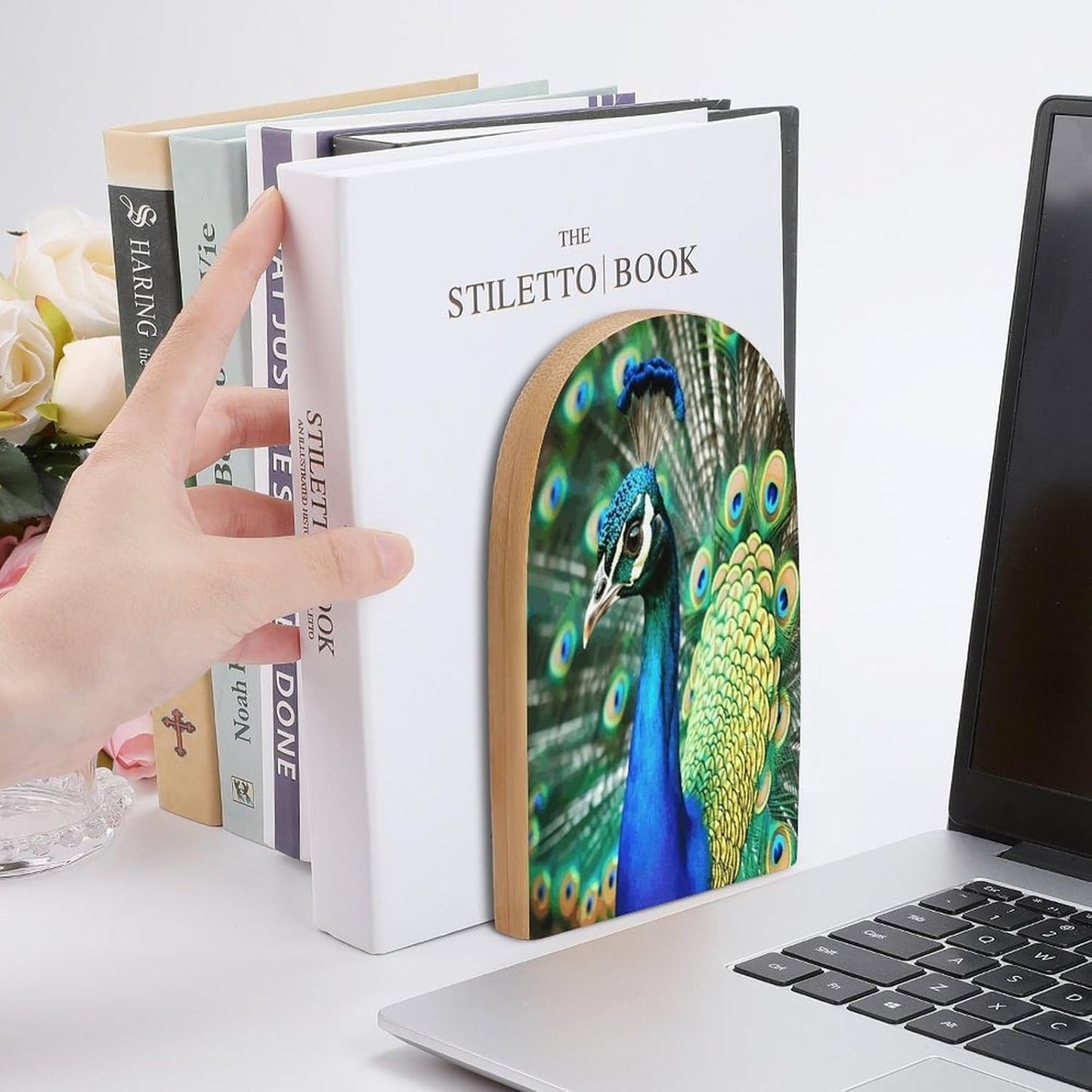 Beautiful Peacock Bookend for Shelves Wooden Book End Large Size Sturdy Book Holders Stoppers with Metal Base for Bookshelves Slick Decorative Bookends Stands