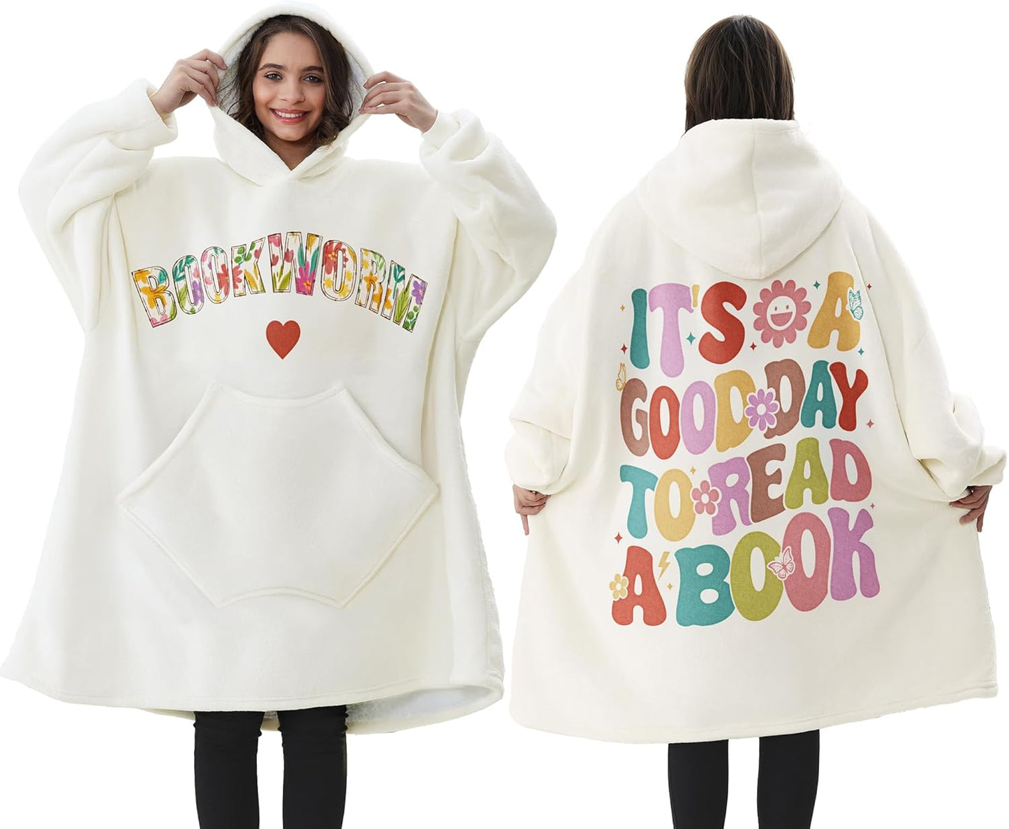 Book Lovers Gifts, Bookish Gifts for Women, Wearable Blanket Hoodie Bookworm Gifts for Reading Lover Librarian Book Nerd Birthday Graduation Mothers Day Gift Oversized Sherpa Fleece Blanket Sweatshirt