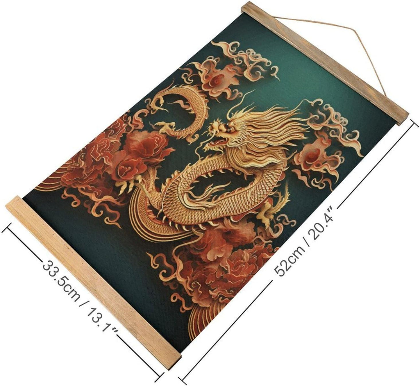 Vintage Dragon Chinese Background Poster with Wooden Frame Personalized Linen Hanging Scroll Painting Rustic Wall Hanging Illustrative Modern Artwork Decor for Home Living Room Bedroom Office