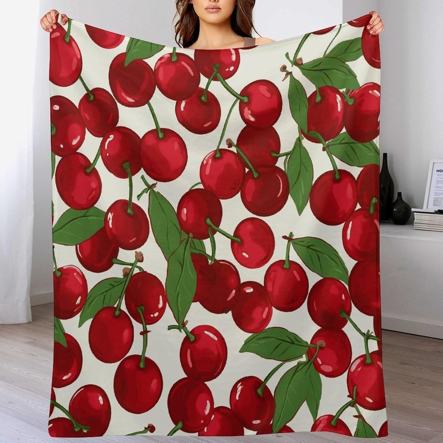 Red Cherries Blanket Super Soft Lightweight Throw Blanket Cute Cozy Warm Bed Blanket Decorative Fuzzy Blanket All-Season Home Decor Gift for Sofa Couch Living Room 60"*80"（150 * 200cm）