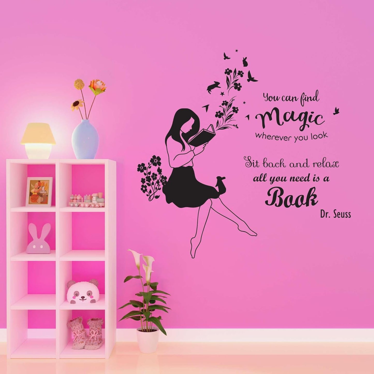 Children Find Magic Wherever You Look Happiness Quote Wall Decal Decoration Book Lover Silhouette Happy Reading Flowers Butterfly Lasts Years and Easily Removable - Size: 20 in(W) x 20 in(H)