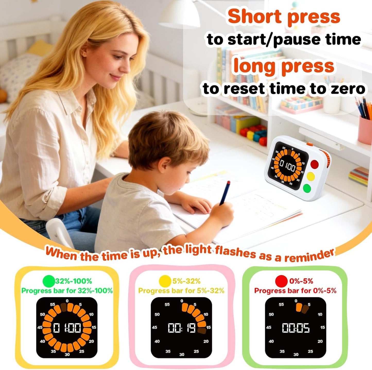 PHILORN Digital Visual Timer for Kids, with Coloured Progress bar, 60-Minute Countdown and Adjustable Volume and Brightness for Calm Transitions, Classroom & Home Kitchen Cooking Baking