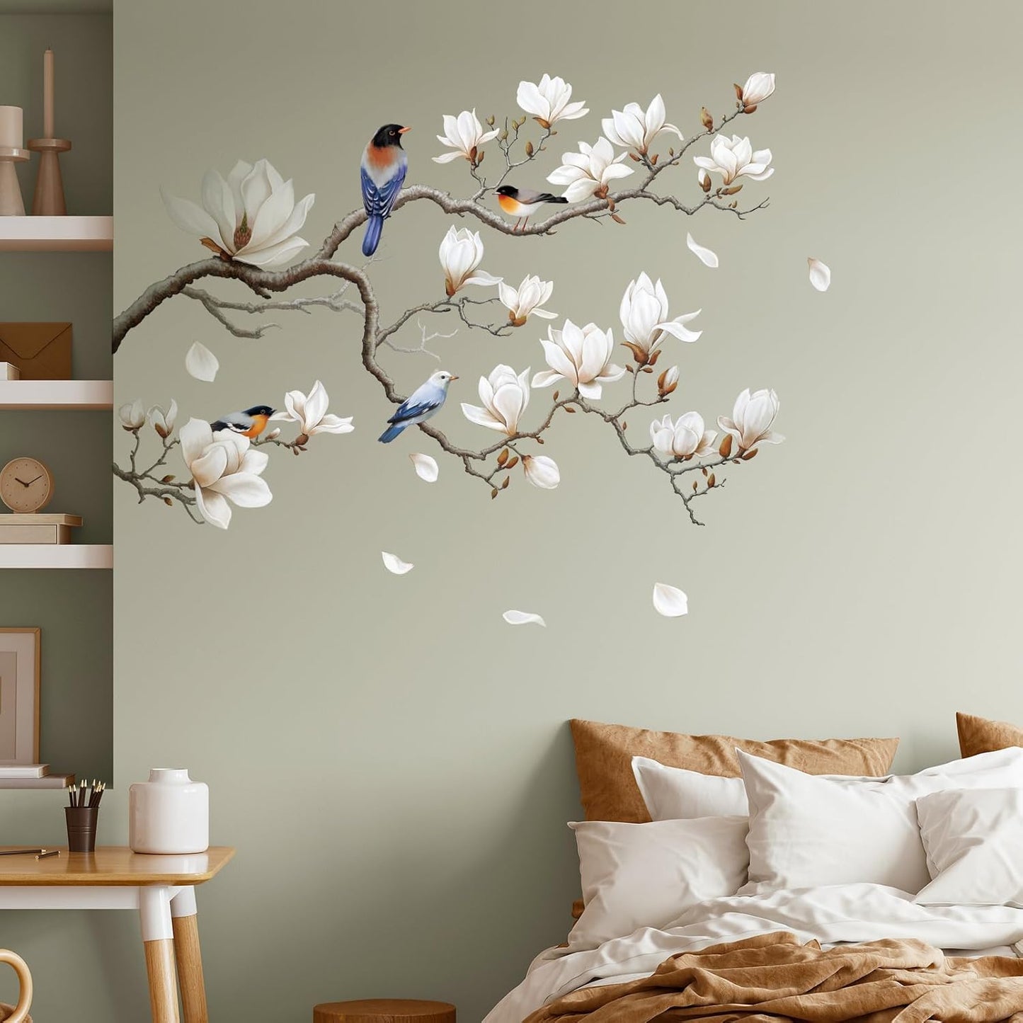 SHUCHING White Magnolia Tree Wall Decals Peel and Stick, Trees Flowers Wall Decor Stickers, White Branches Corner Wall Art(Left)