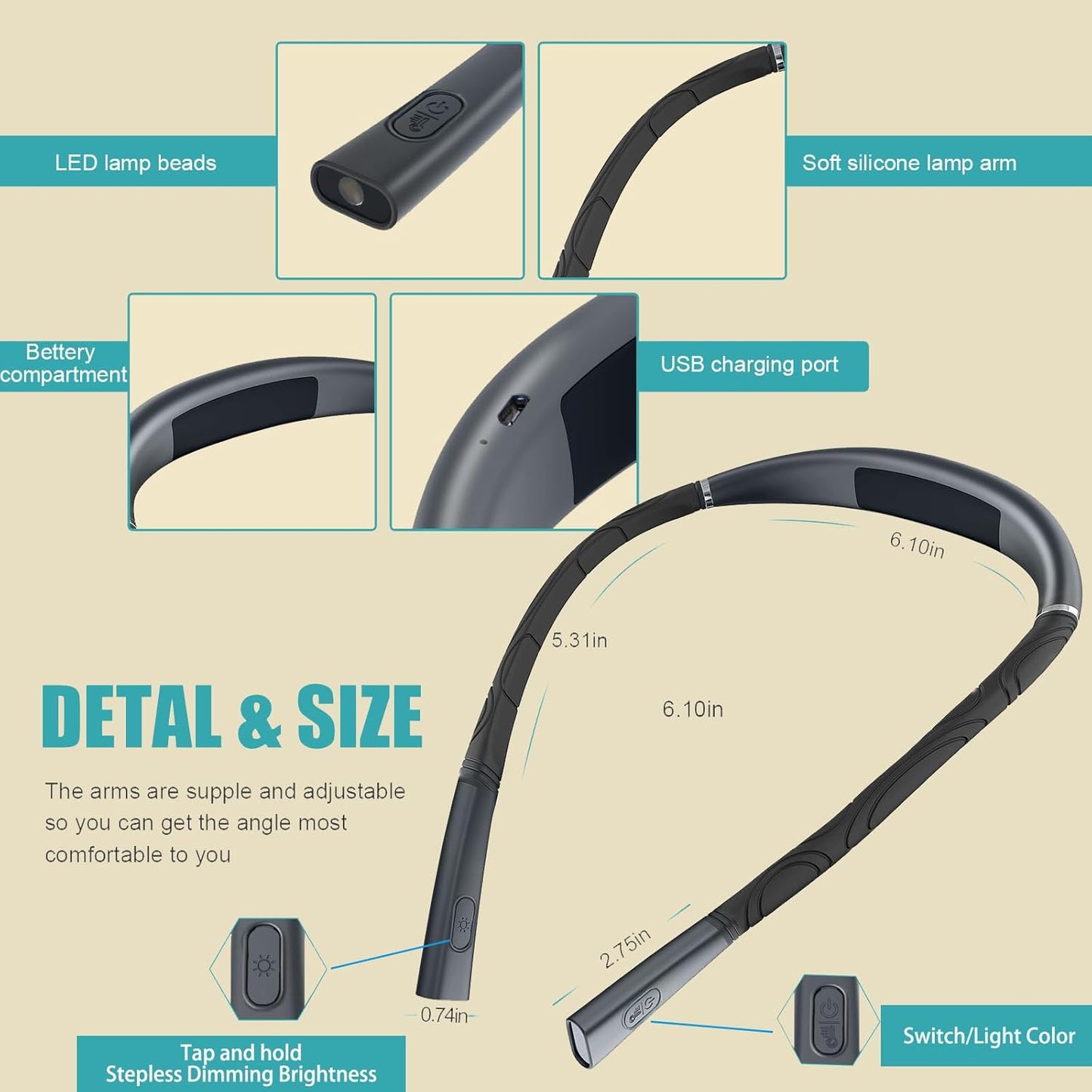 LED Neck Reading Light, Book Light for Reading in Bed, 3 Colors, Stepless Dimming Brightness, Bendable Arms, Hand Free Rechargeable, Perfect for Reading, Knitting, Camping, Repairing.