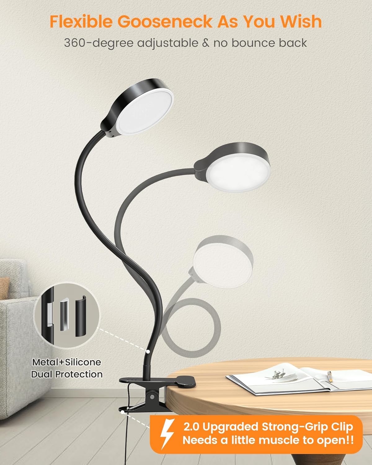 Glocusent 5W Reading Light for Bed, 36 LED Eye Caring Bed Lamp, 3 Colors & 5 Brightness Levels for Headboard with Adapter, Perfect Clip on Light for Reading, Working & Studying (Black with Remote)