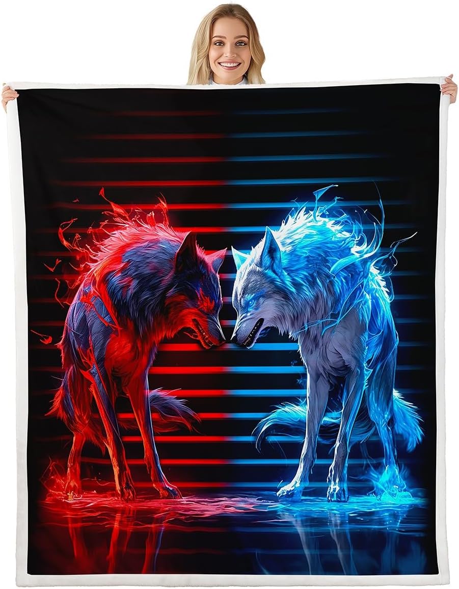 Feelyou Wolf Fleece Throw Blanket Adult Red Blue Wolf Blanket for Kids Boys Mighty Animal Plush Blanket Red Blue Stirpe Fuzzy Blanket for Sofa Bed Couch,Twin 60x80 Inches