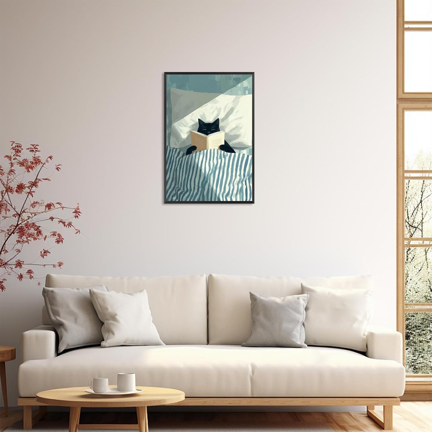 Funny Black Cat Reading Poster Trendy Animal In Bed Canvas wall art Minimalist abstract Pet Aesthetic watercolor Prints Painting For Living Room Bedroom Office Wall Decor 12x16in Unframed