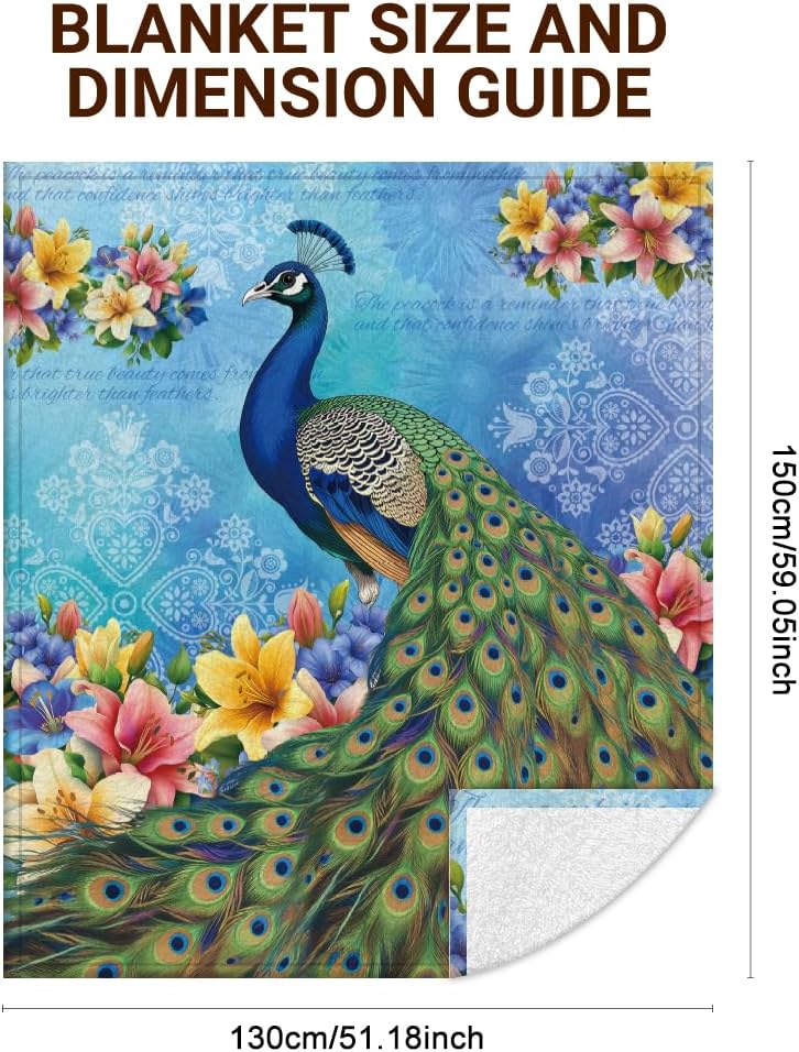 WADORN Vintage Peacock Throw Blanket, 500GSM,Elegant Peacock Floral Cozy Throw Blanket Fuzzy Soft Flannel Fleece Blanket for Home Office Bedroom Living Room Camping Sofa Bed Couch Holiday, 51x59 Inch