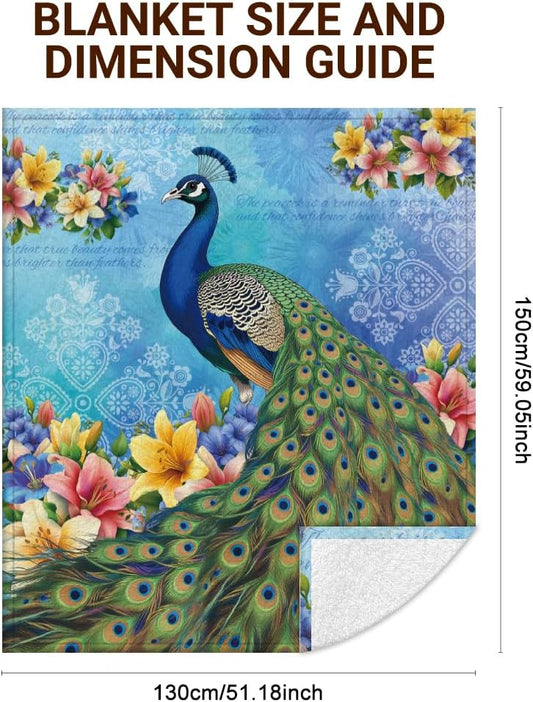 WADORN Vintage Peacock Throw Blanket, 500GSM,Elegant Peacock Floral Cozy Throw Blanket Fuzzy Soft Flannel Fleece Blanket for Home Office Bedroom Living Room Camping Sofa Bed Couch Holiday, 51x59 Inch