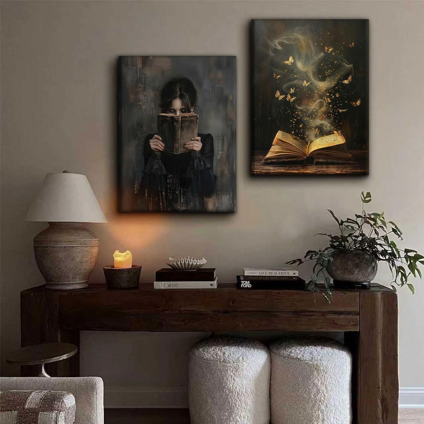 2Pcs Dark Preppy Butterfly Book Canvas Wall Art Gothic Victorian Woman Reading Magic Book Wall Decor Dark Moody Girl Posters Prints Vintage Bookish Reading Corner Paintings Pictures 12x16 Inch