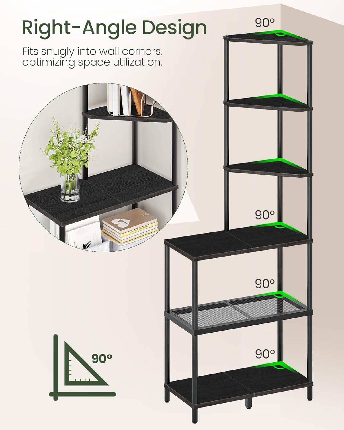 6-Tier Corner Shelf, Industrial Corner Bookshelf with Desk Top, Diamond-Shaped Storage Shelves, Display Stand for Small Spaces, Living Room, Home Office, Foyer, Black TCJ70BB