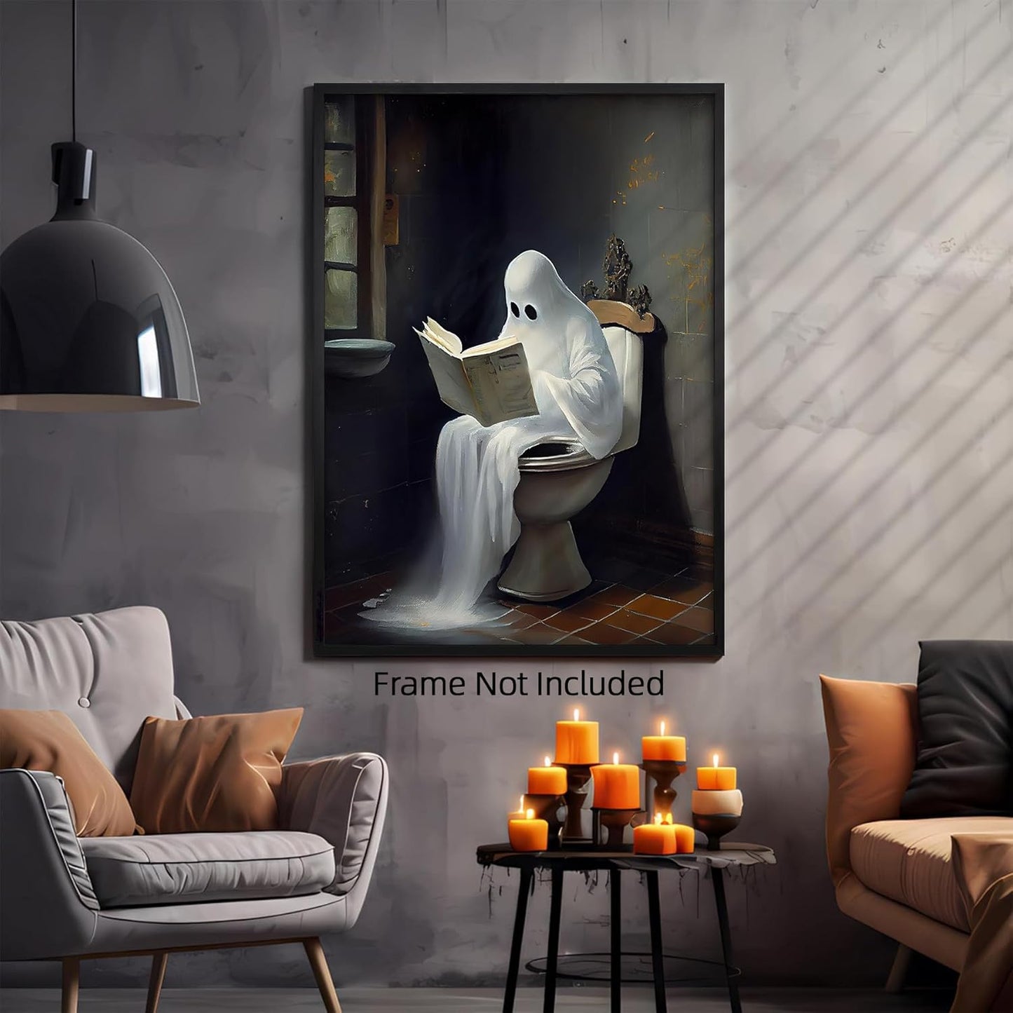 Vintage Cute Ghost on Toliet Reading Book Canvas Wall Art Gothic Victorian Aesthetic Posters Dark Academia Room Decor Fun Halloween Painting Horror Ghost Print in Bathroom 12x16in Unframed
