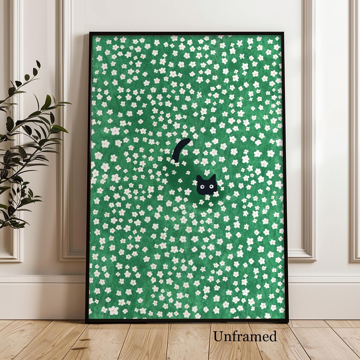 Black Cat Canvas Wall Art, Cute Cat In Daisies Meadow Aesthetic Poster, Adorable Animal Picture Rich Green Print Painting for Bedroom, Nursery Wall Decor Pet Lover Gift 12x16in Unframed