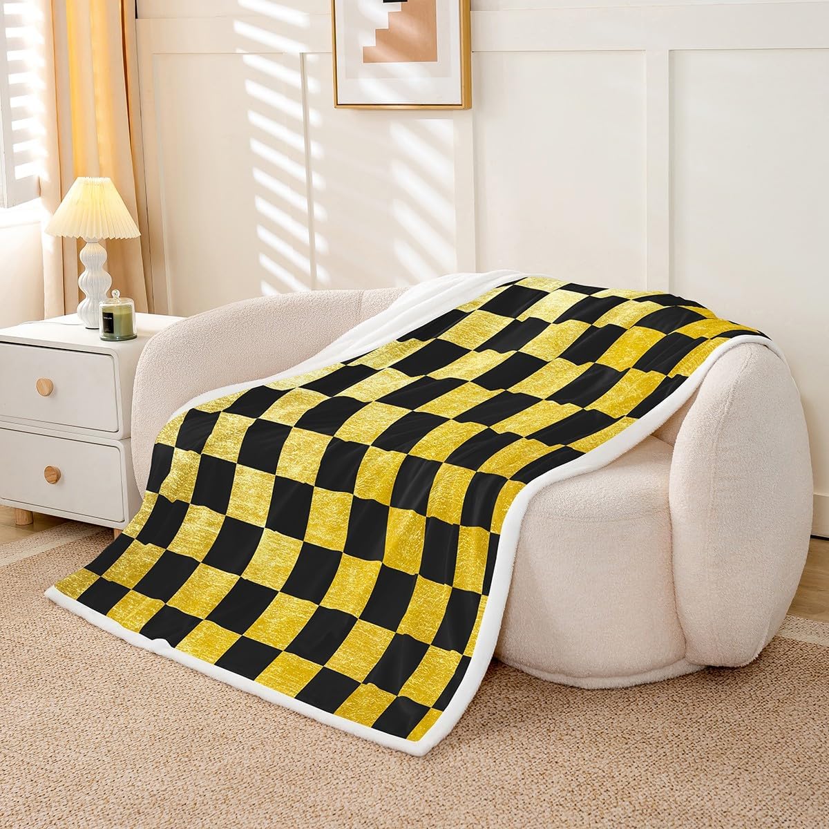 Feelyou Checkered Retro Throw Blanket Golden Black Plaid Soft Fleece Sherpa Cozy Fuzzy Plush Warm Geometric Vintage Fuzzy Plush Throw Modern Simple Groovy Aesthetic 40"x50" for Bed Couch Living Room