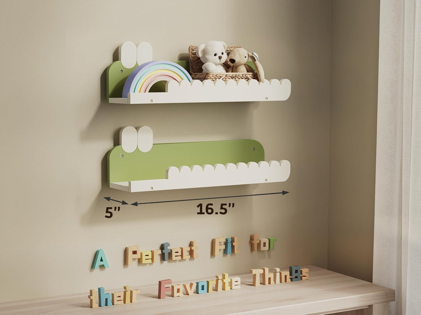 Nursery Floating Shelves, 16.5 Inches Cute Decorative Shelf for Bedroom, Kids' Room, Wall Mounted Wood Bookshelf Organizer for Wall Storage, White/Avocado, Set of 3