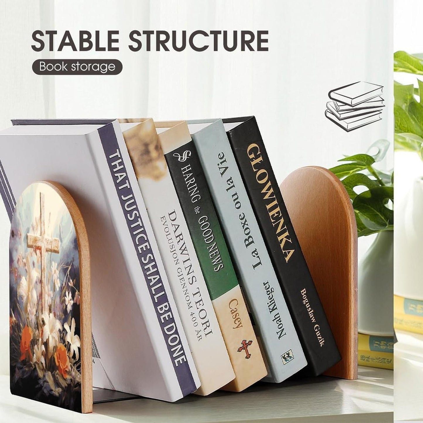 Non-Slip Bookend for Shelves Easter Cross Art Wooden Bookends with Metal Base Decorative Book Stopper for Home Heavy Duty Wood Book Storage for Books/CDs
