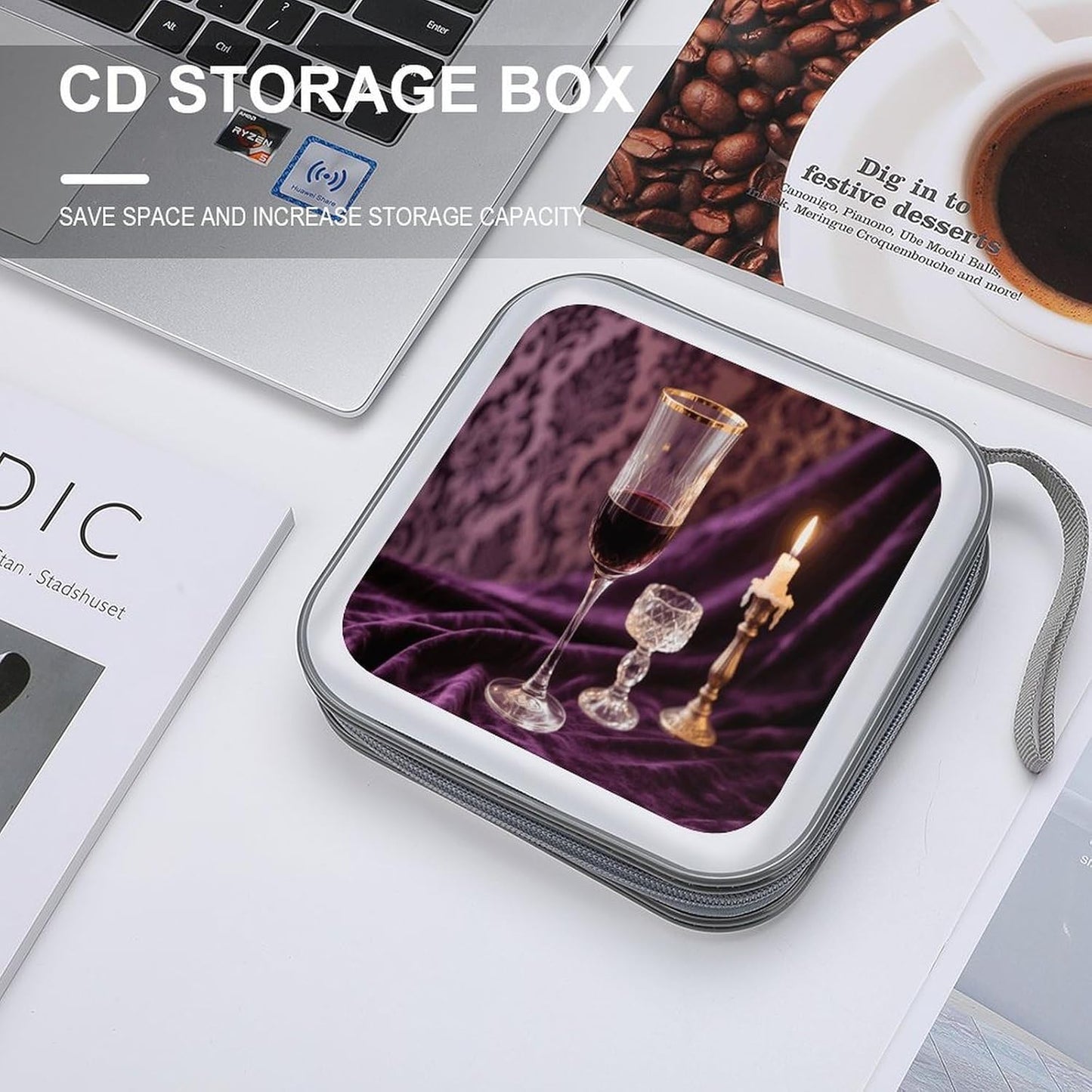 Vintage Red Wine Glass CD Case Portable Zipper CD Case 40 Capacity Hard Plastic DVD Cases Holder Large Storage Disc Wallet Bag for Car Home Travel DVD Collection Bag