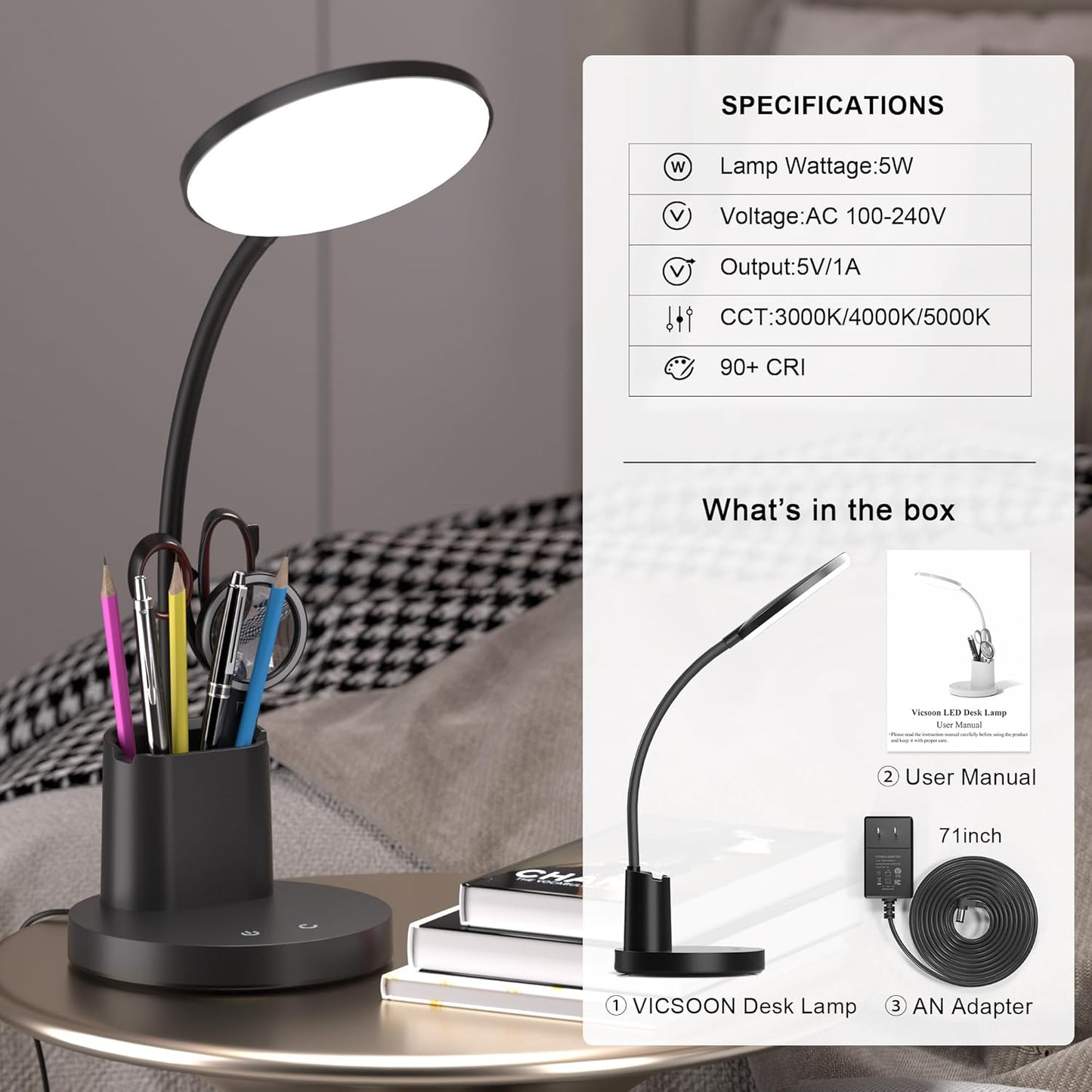 Desk Lamp, LED Desk Lamp for Home Office, Touch Table Lamp with 3 Color Modes 360° Adjustable Arm, Dimmable Desk Light with Pen Phone Holder, Black
