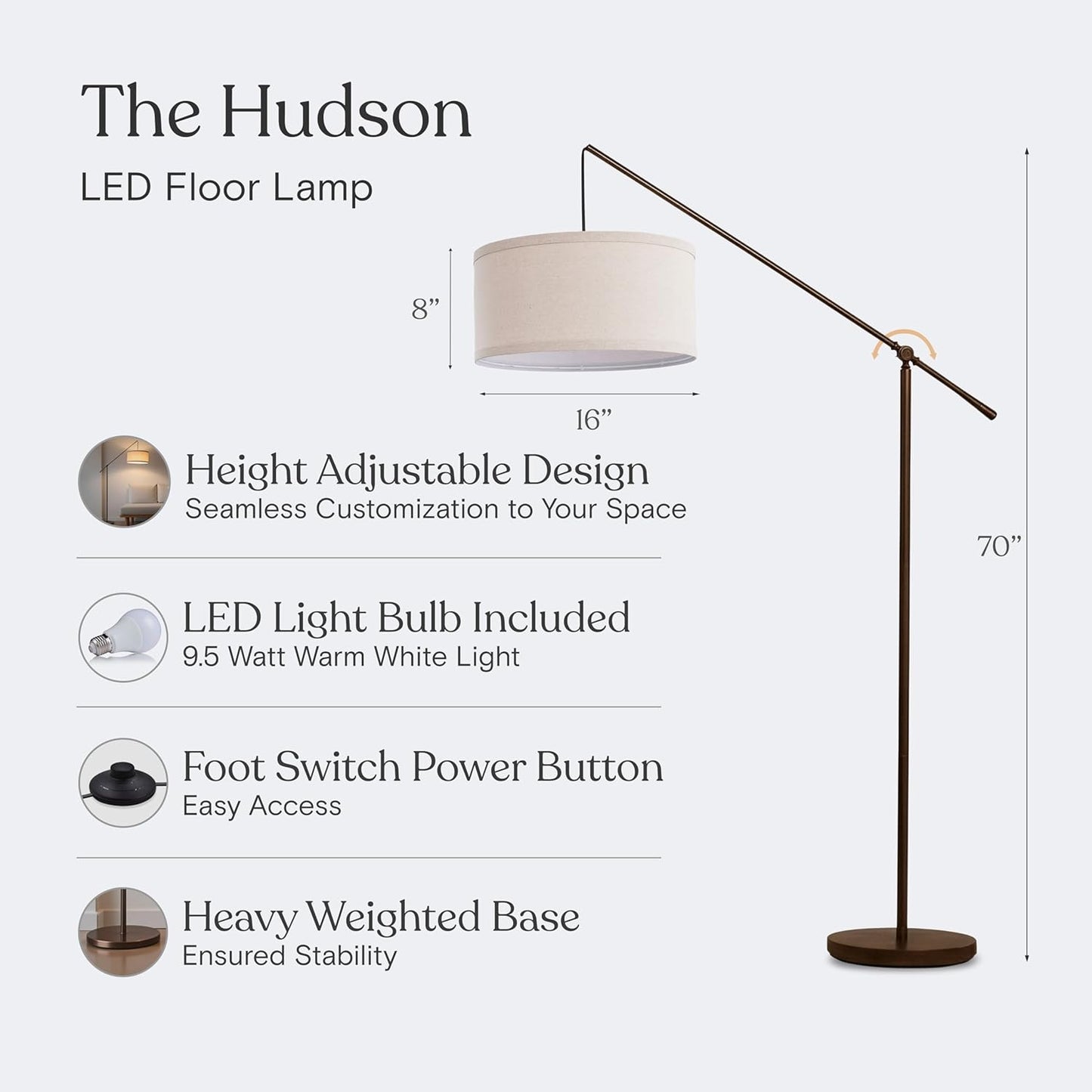 Brightech Hudson 2 - LED Floor lamp, Tall Lamp with Sturdy Base, Contemporary Arc Lamp for Living Rooms & Offices, Great Living Room Décor, Mid Century Modern Light for Bedroom - Rubbed Bronze