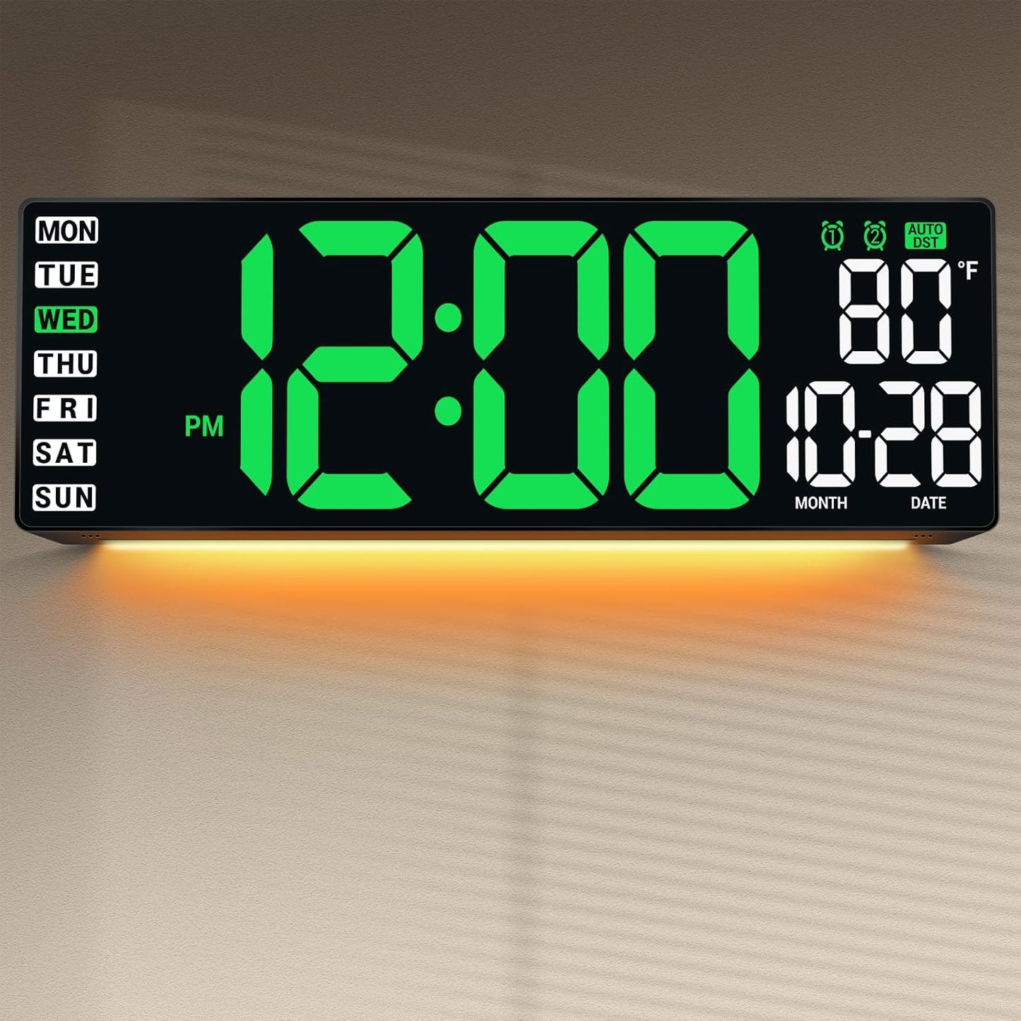 16.5" Large Digital Wall Clock with Remote Control, Auto-Dimming LED Display with Date Temp, Big Number Wall Mount Decor Clock for Seniors, Classroom, Dorm, Home, Office, Gym Green
