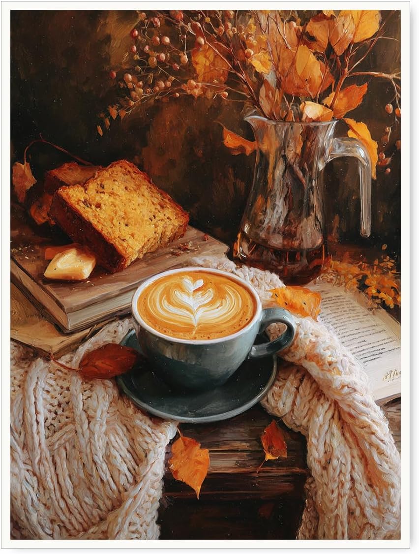 Autumn Coffee Still Life Wall Art – Cozy Fall Latte and Sweater Canvas Print with Bread, Leaves, and Books for Seasonal Kitchen or Reading Nook Decor-12x16Inch Ready to Hang (Unframed)