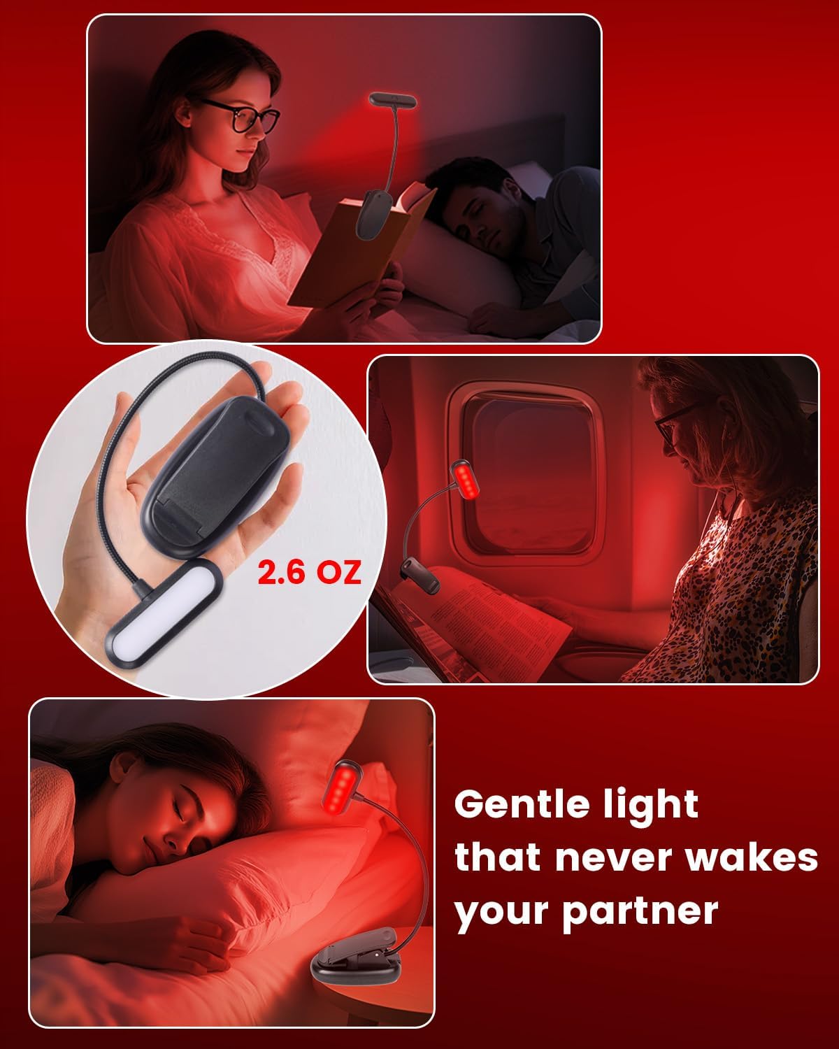 670nm Red Light Book Light for Reading in Bed, Dimmable USB Rechargeable Clip On Red Night Light for Sleep,Eye Comfort, Adjustable Brightness,Portable Booklight with Memory Function