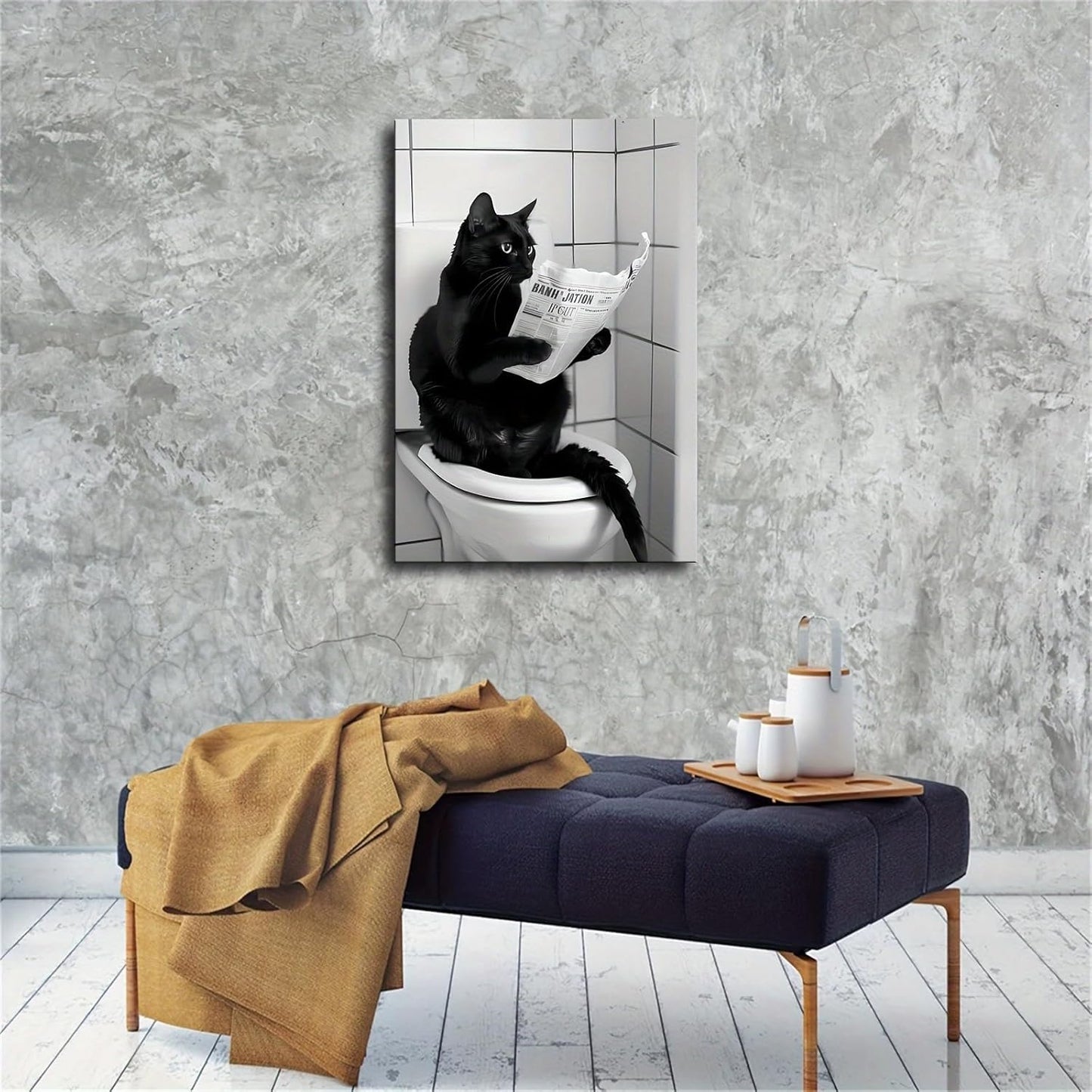 Black Cat Reading Newspaper Animal Funny Toilet Canvas Wall Prints poster Modern Home Aesthetic Decor Wall art for Bedroom Dorm (20x30inch Framed)