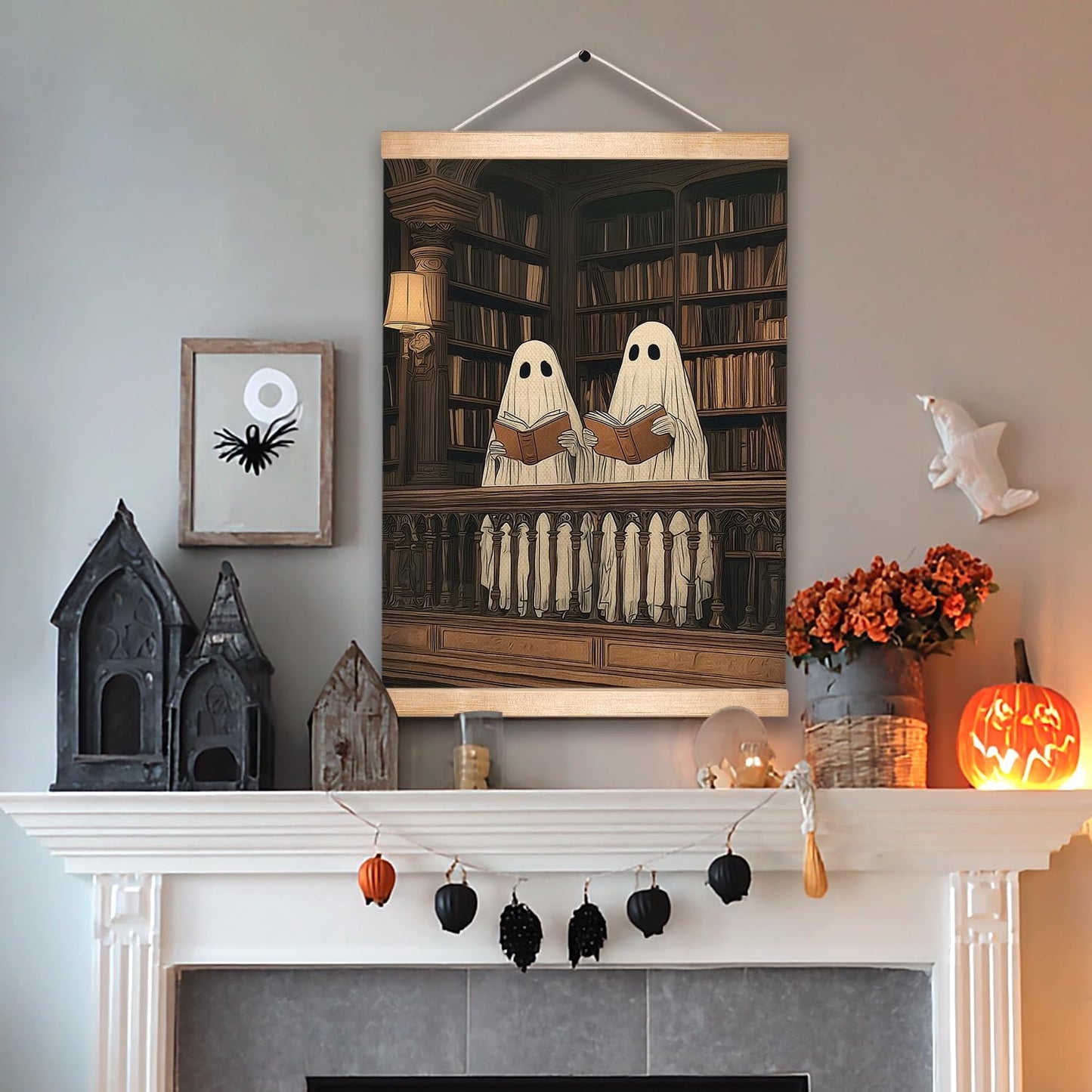 HEYJEEPER Cozy Ghost Wall Art, Reading Ghost Poster, Bookish Aesthetic Artwork Wall Hanging Decor for Library, Bedroom, Living Room, Calm Literary Home Decor,Bookworm Gift 14x18.5Inch(Colorful - Ghost04)