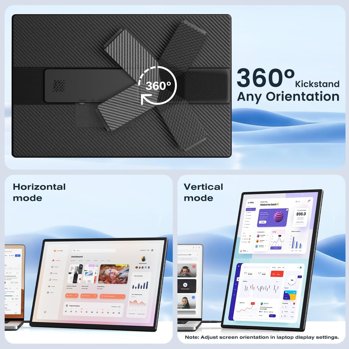 Portable Monitor, 16 Inch FHD 1200P, Horizontal/Vertical Monitor, Plug & Play, Built-in Speakers & Headphone Jack, Travel Monitor for Laptop with Premium Smart Cover