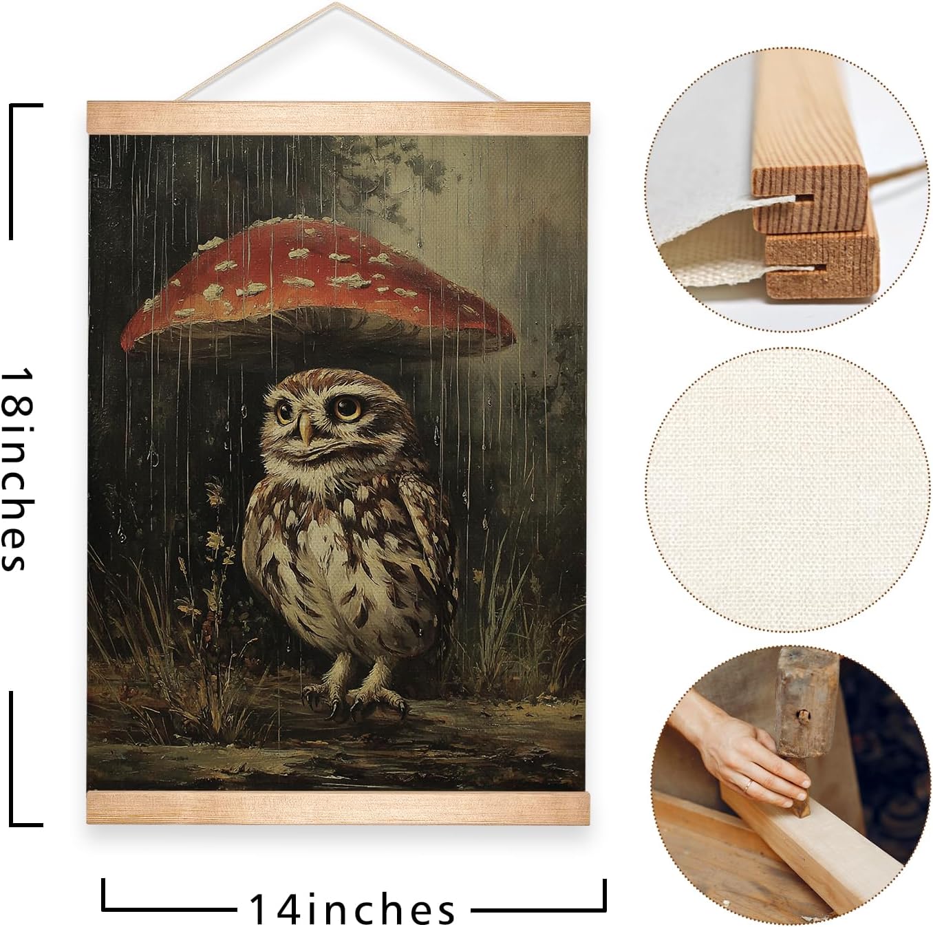HEYJEEPER Owl and Mushroom Wall Art,14x18inch Gothic Animal Canvas Poster with Wood Hanger,Vintage Owl Home Wall Decor for Bedroom,Living Room,Gothic Lovers Gift