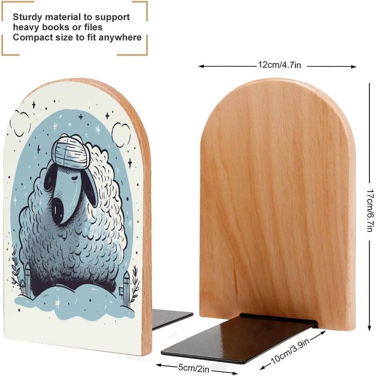 Sleep Well Hand Drawn Wooden Bookend Non-Slip Book Ends Heavy Duty Book Stopper with Metal Base Books Holderd Decorative Bookends Stands Firmly for Office Supplies