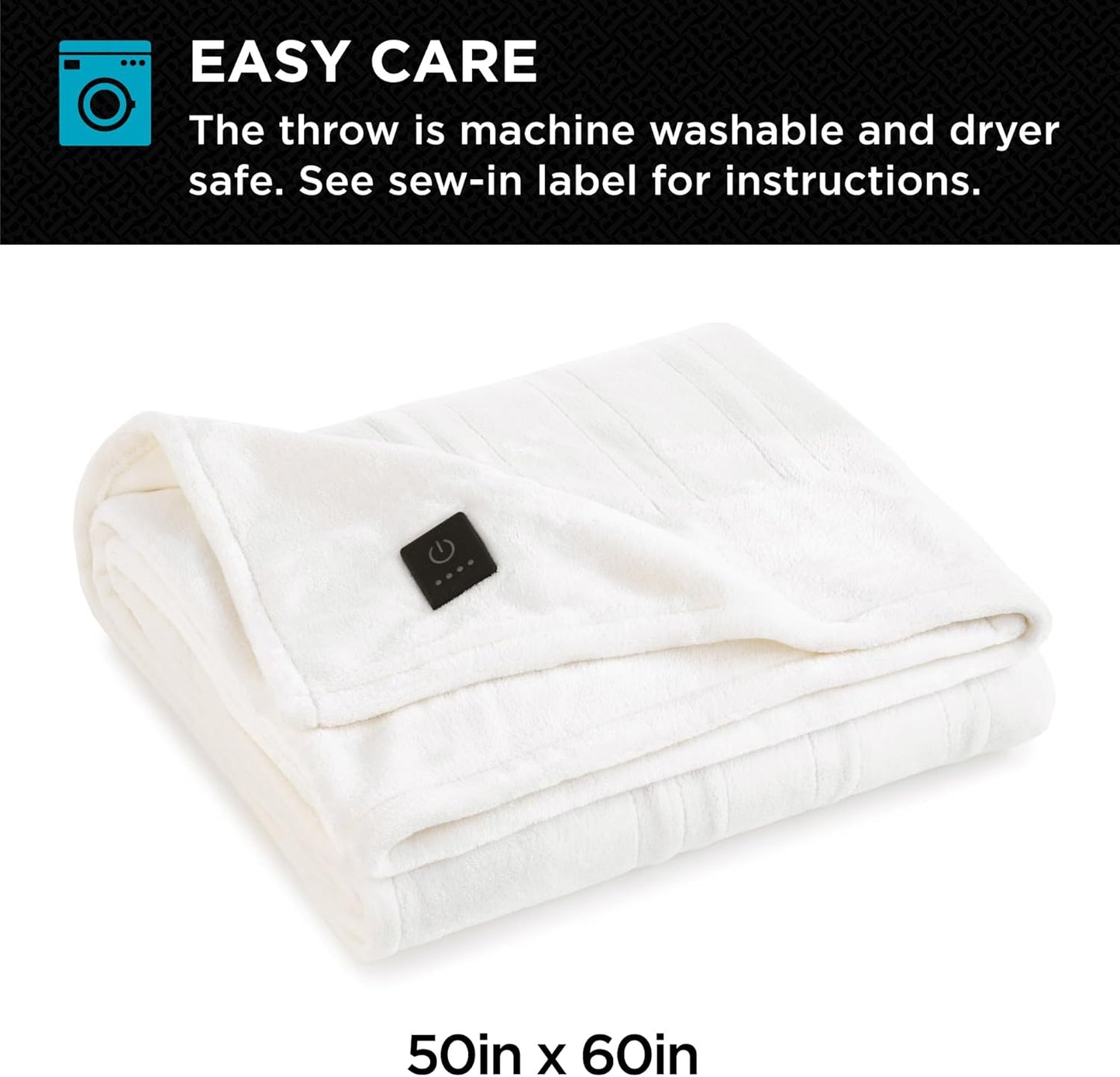 Brookstone Electric Heated Plush Throw - Heated Blankets - 4 Heat Settings, 4-Hour Auto Shut Off, 100% Polyester, 50"x60" - Ivory