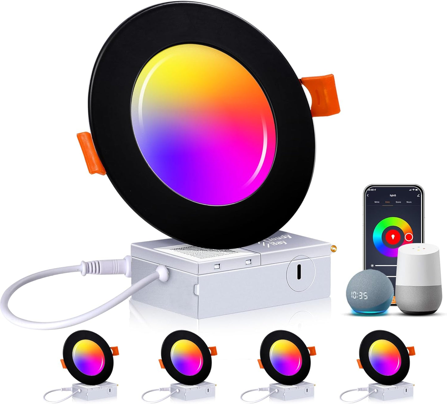 CLOUDY BAY [4 Pack] 4inch Smart WiFi LED Recessed Lights,RGBCW Color Changing Recessed Lighting,Compatible with Alexa and Google Home Assistant,No Hub Required,10W 2700K-6500K,CRI90+,Black