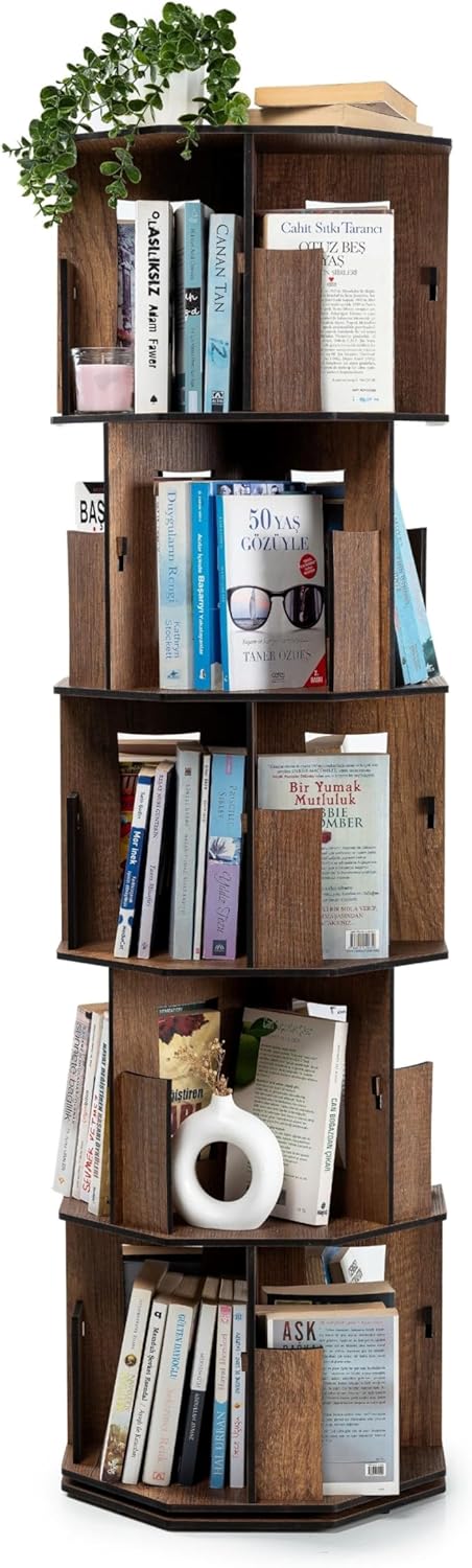 5 Tier Rotating Bookshelf Tower with Lazy Susan – Spinning Bookshelf Tower, Revolving Bookcase, Turning Book Shelf, Rotating Bookcase with 360° Rotating Shelf & Revolving Book Shelf, Walnut