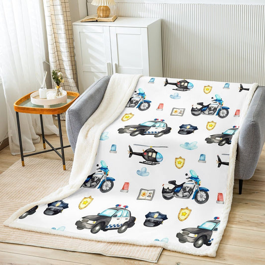 Boys Aircraft Sherpa Blanket Kids Toddler Cool Police Car Motorcycle Fleece Throw Blanket Girls Teens Helicopter Flying Plane Fuzzy Blanket for Sofa Bed Couch Watercolor Decor,Throw 50x60 Inches