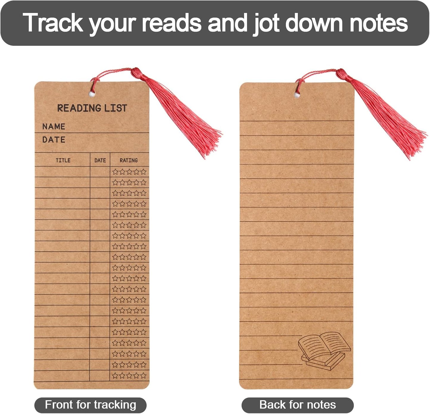 50 pcs Reading List Bookmarks with 50 Bookmark Tassels – 3x8 Inch Book Tracker and Reading Log Bulk Bookmarks for Book Lovers, Students, Teachers – Graduation Gifts, Back-to-School Supplies (Brown)