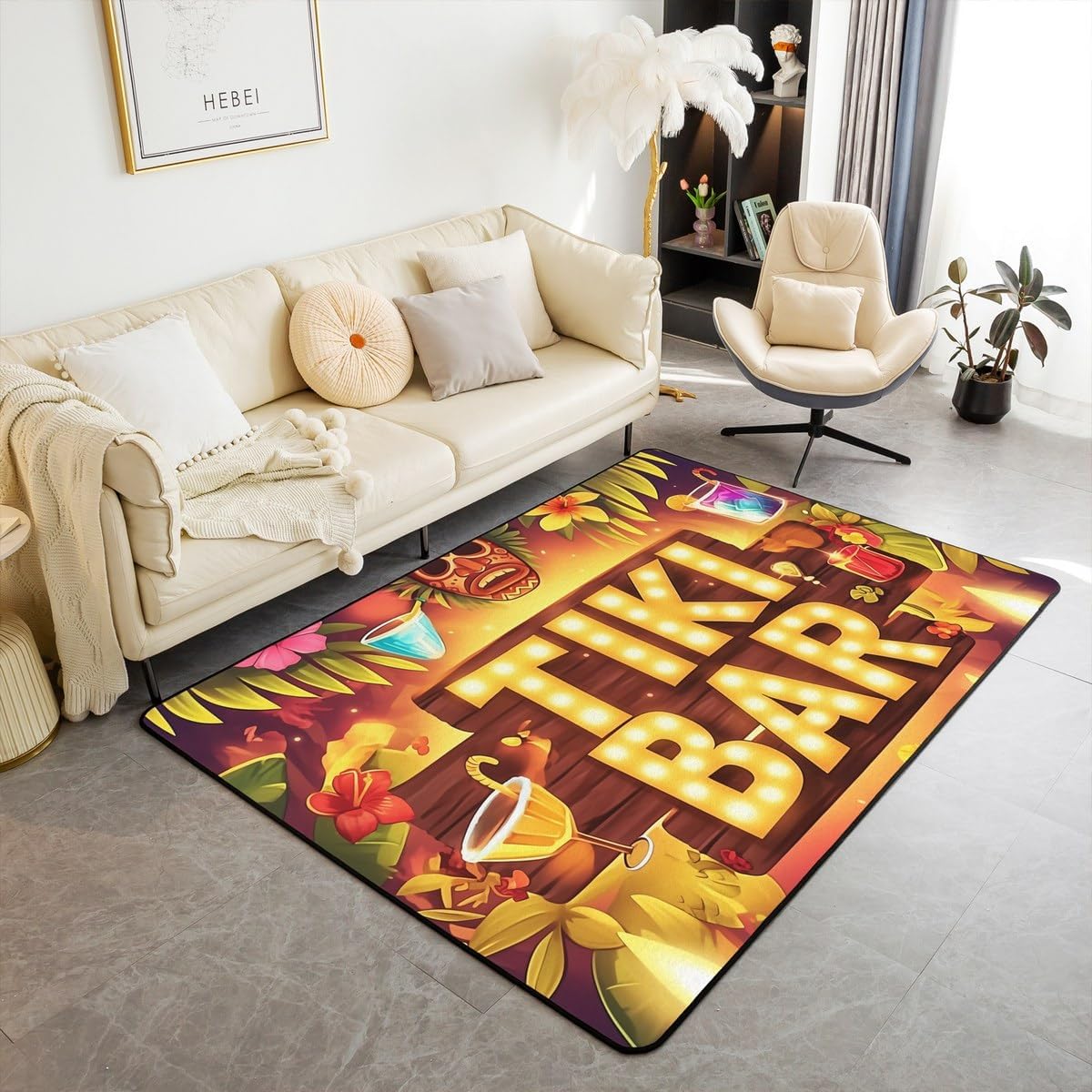 Erosebridal Tiki Bar Living Room Rugs 5x7 Happy Hawaii Party Carpet Tropical Plants Palm Leaves Flowers Area Rug Exotic Tribe Indoor Floor Mat for Kids Teen Adults Bedroom Kitchen Housewarming
