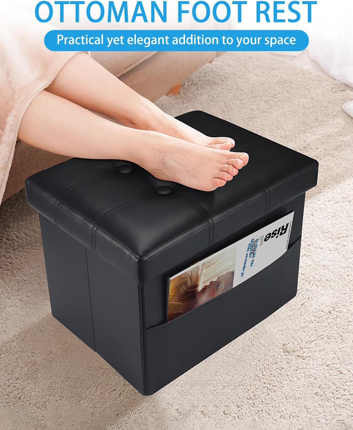 Ottoman with Storage Foot Stool - 17 Inches Folding Storage Ottomans, Leather Upholstered Ottoman Foot Rest with Side Pockets, Suitable for Living Room, Bedroom, Cafe