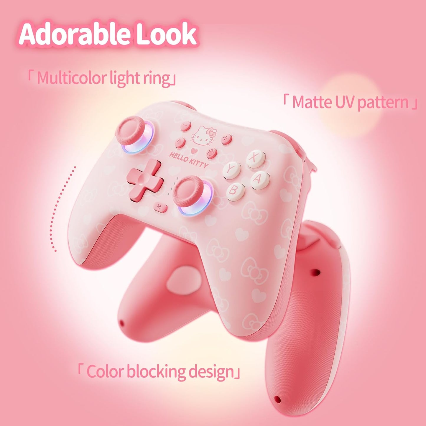 Kuitmor Pink Switch Controller,Hello Kitty Hall Effect Controllers Wireless for Switch 2/1/OLED/Lite,PC,Android,iOS | Bluetooth + Wired,1000mAh Battery,6-Axis Gyro,Dual Vibration,RGB Breathing Light