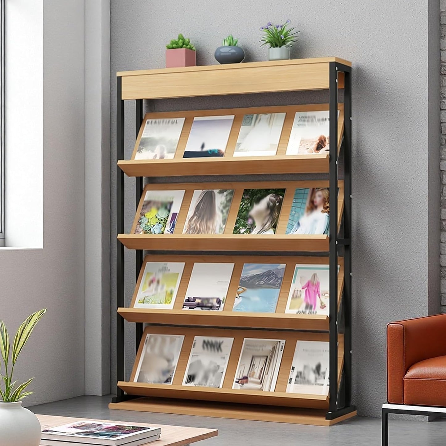 Industrial Magazine Rack,Floor-Standing Brochure Display Stand with Carbon Steel Frame, Wooden Literature Organizer for Office, Waiting Room, Retail Store(39.3"*11.8"*65", Natural Wood)