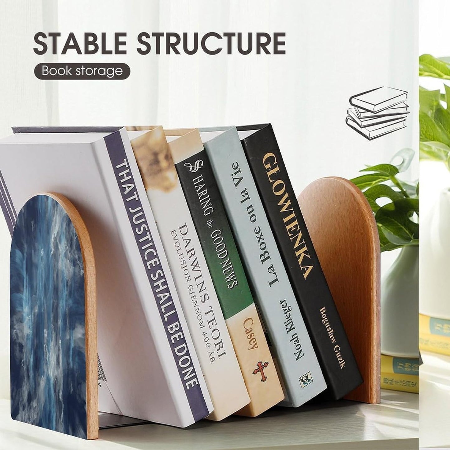 Abstract Blue Bookend for Shelves Wooden Book End Large Size Sturdy Book Holders Stoppers with Metal Base for Bookshelves Slick Decorative Bookends Stands