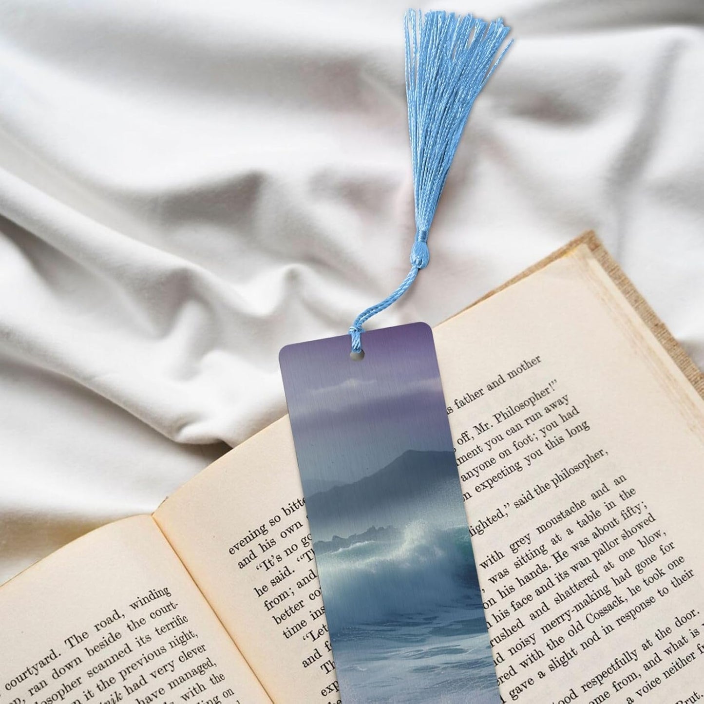 Ocean Waves Bookmarks Gifts for Women Men, Wooden Bookmarks for Book Lovers, Vintage Book Marks Ornaments with Tassel, Unique Personalized Reading Page Markers Sky Blue
