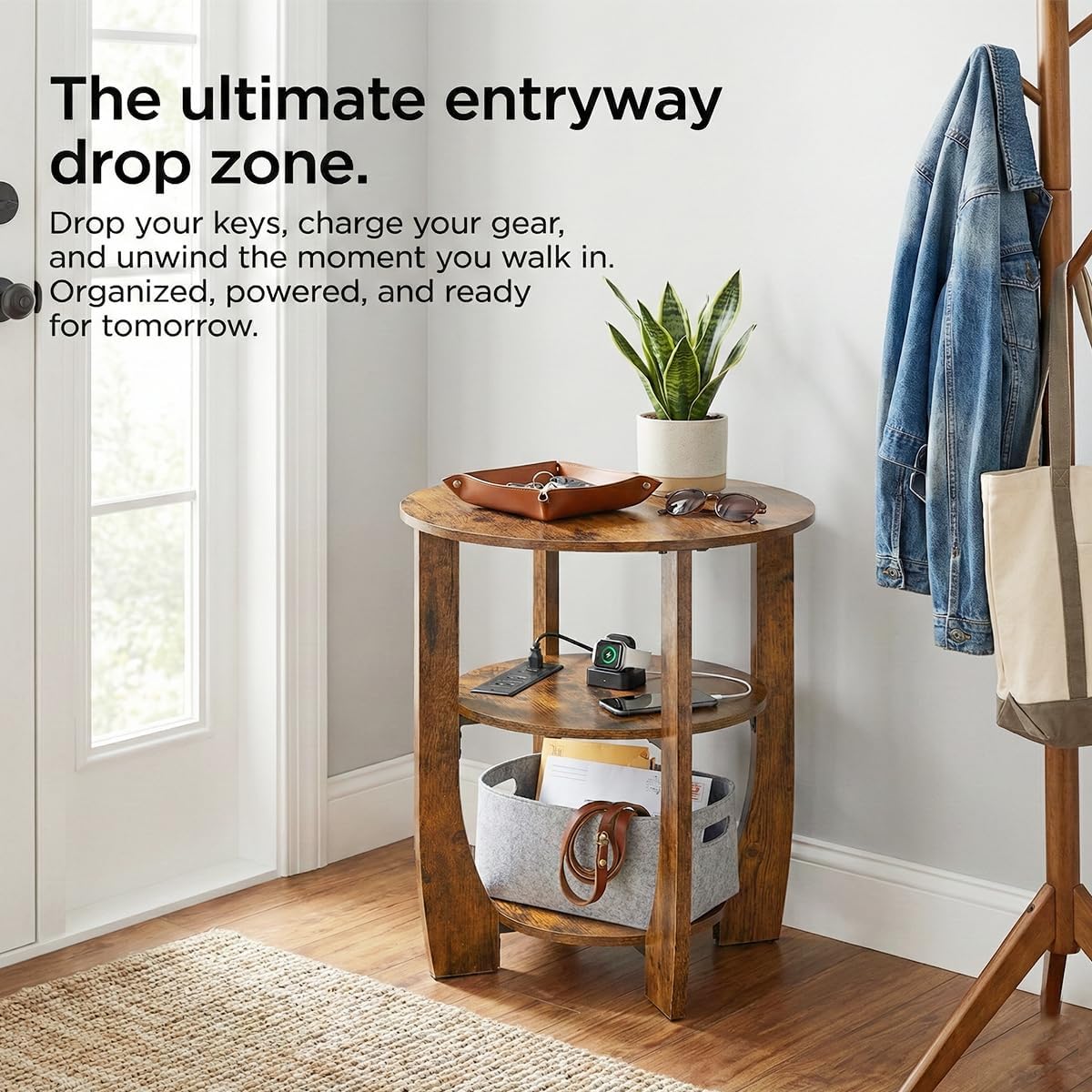 Round Side Table with Charging Station,3 Tier End Table with USB Ports & Outlets,19.7" Nightstand for Bedroom,Living Room,Small Spaces,Rustic Brown Wood Look Accent Table