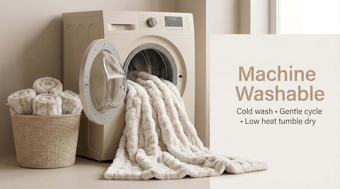 Luxury Concepts Soft Faux Rabbit Fur Throw Blanket - 50" x 60", Elegant Ruched Design Blanket, Machine Washable and Wrinkle Resistant, Lightweight Beige Throw Blanket for Couch, Sofa and Bed