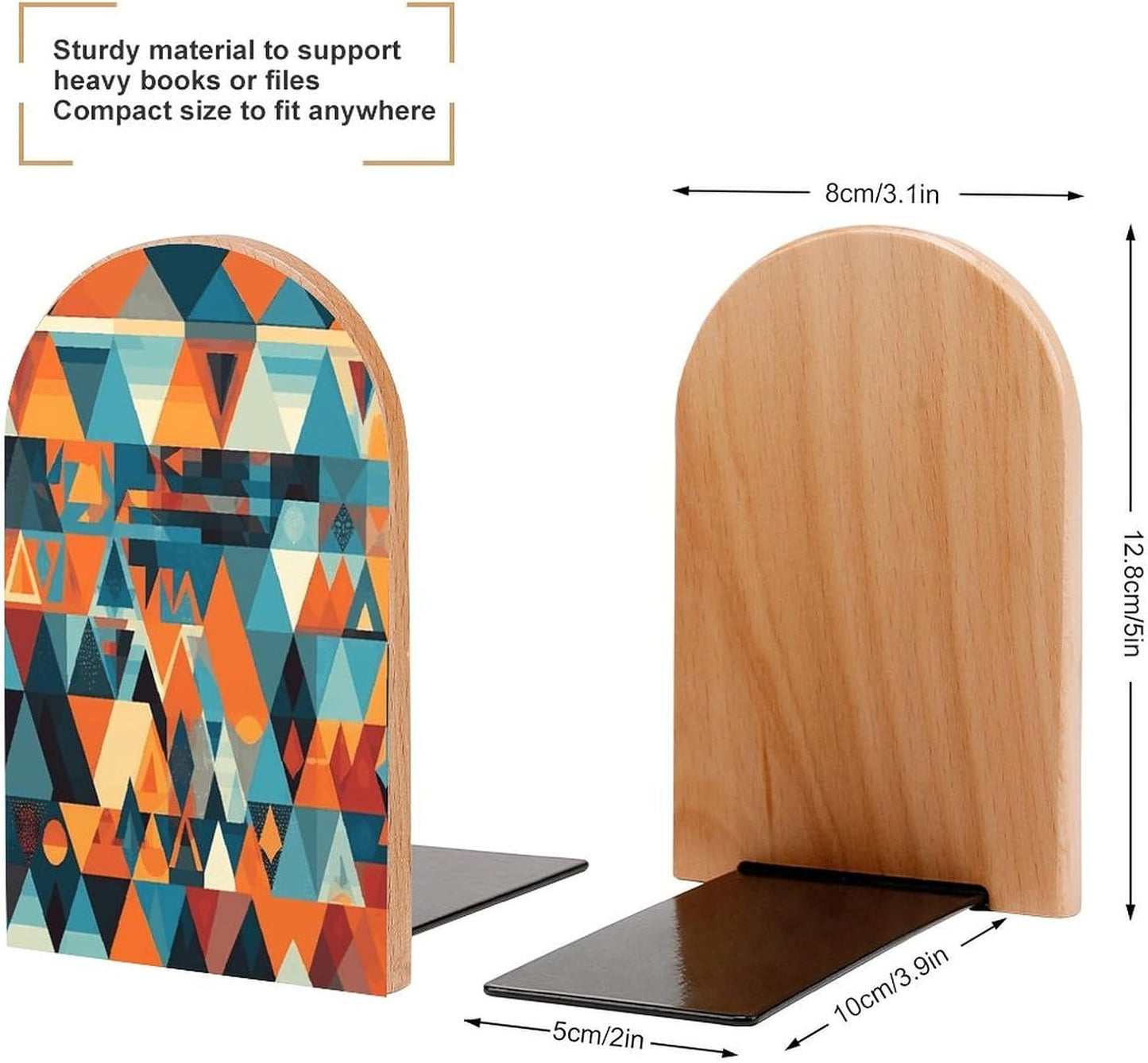 Colorful Geometric Shapes Bookends 1 Pair Heavy Duty Book Ends for Shelves Non-Skid Bookend Supports Wooden Book Holders with Metal Base Desk Organizers Books Storage to Hold Books